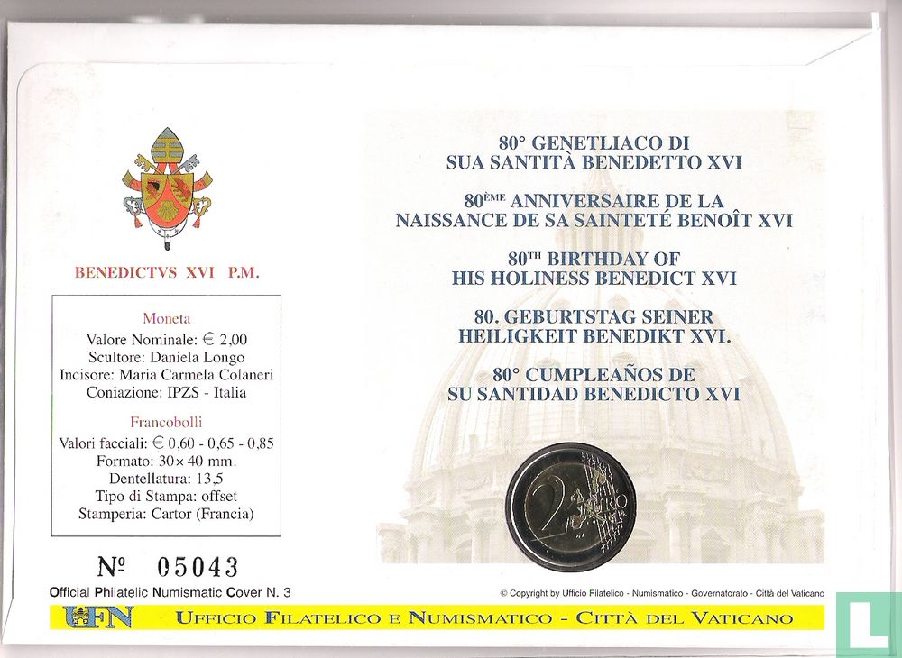 Vaticaan 2 euro 2007 (Numisbrief) "80ste verjaardag van paus Benedictus ...