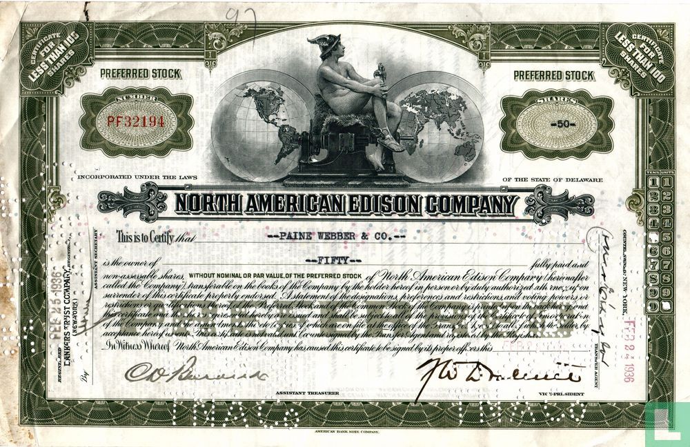 Details about   North American Light & Power Less Than 100 Shares Preferred Stock Orange 1940's 