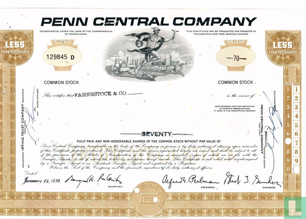 Penn Central Company, Certificate for less than 100 shares, Common stock,  w/o par value - Penn Central Company - LastDodo