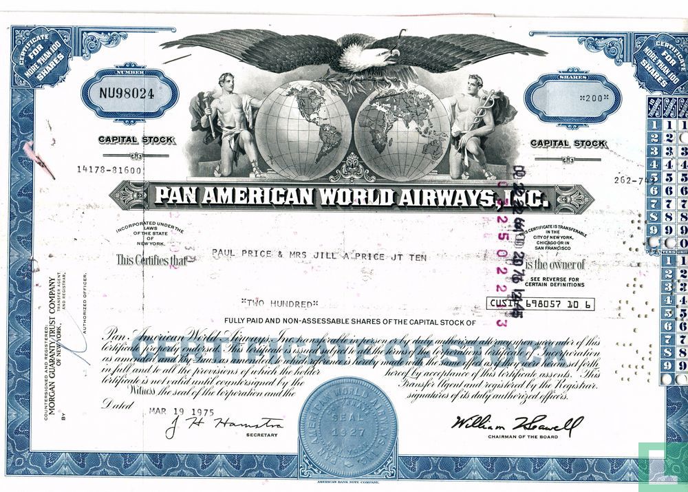 Details about   Pan American World Airways Less Than 100 Shares Capital Stock Certificate 1960's 