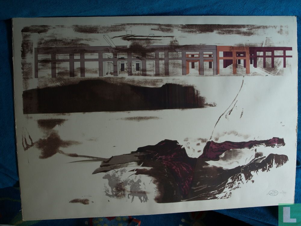 Ruiters op weg naar een abstract gebouw