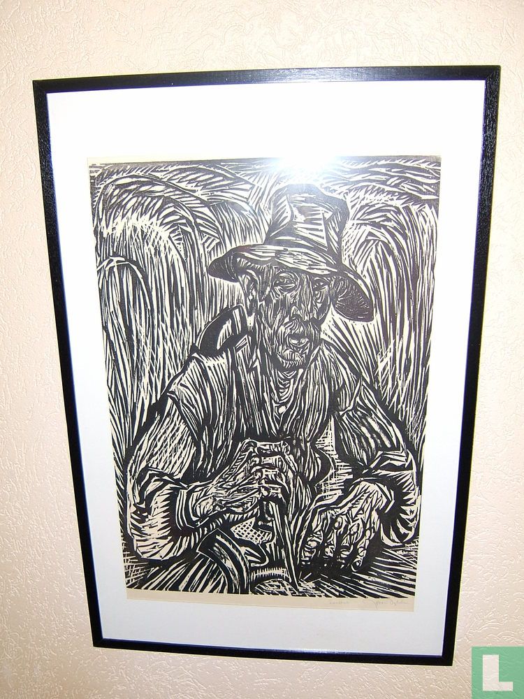 Landarbeider met zeis in korenveld