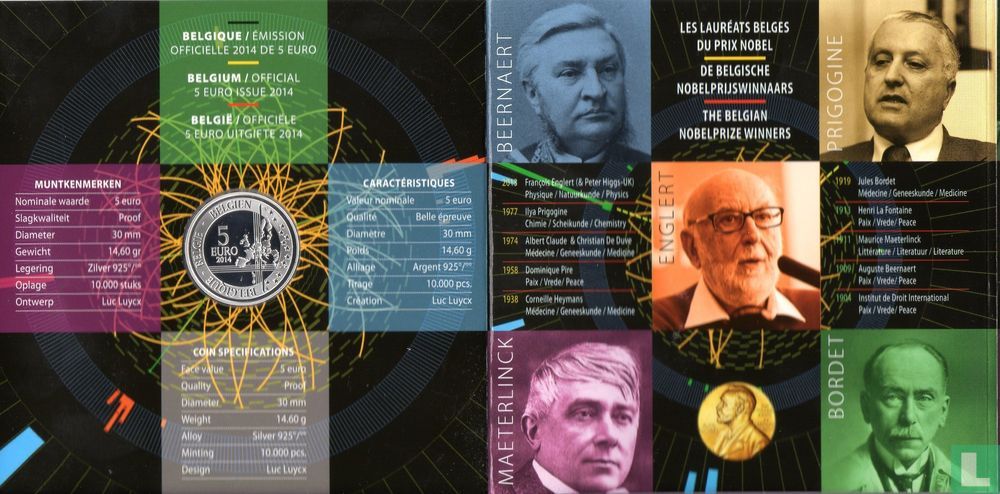 België 5 euro 2014 (PROOF - folder) "50th Anniversary of the Discovery of the Boson BEH"