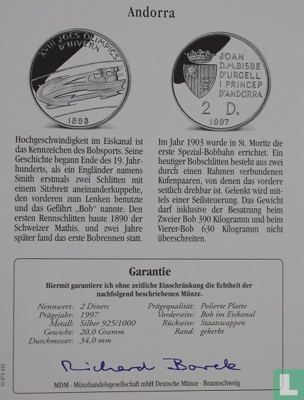 Andorre 2 diners 1997 (BE) "1998 Winter Olympics - Nagano"