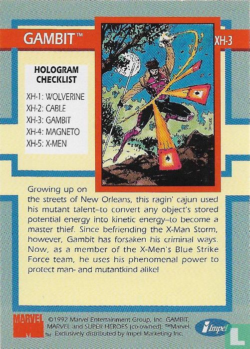 Gambit XH3 (1992) - X-Men: Series 1. Hologram Chase card subset - LastDodo