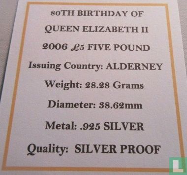 Alderney 5 pounds 2006 (PROOF - zilver) "80th Birthday of Queen Elizabeth II - Historical effigy"