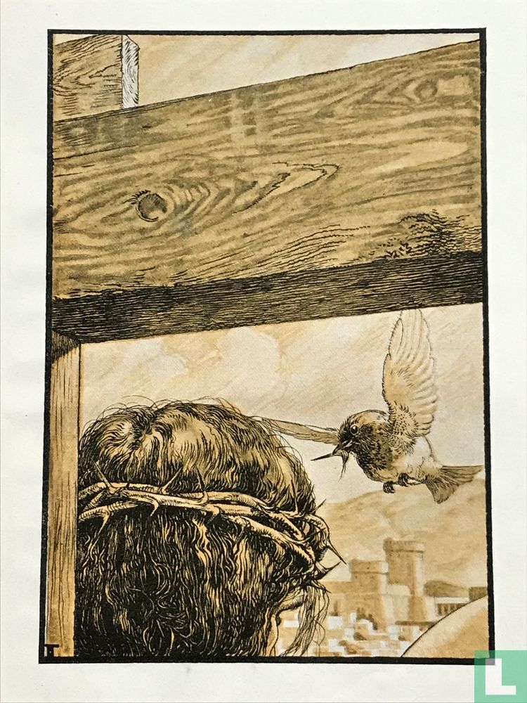 Roodborst op hoofd Jezus