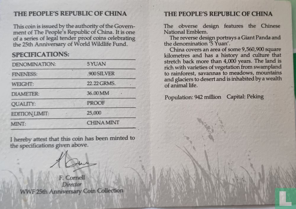 China 5 yuan 1986 (PROOF) "25th anniversary of World Wildlife Fund"