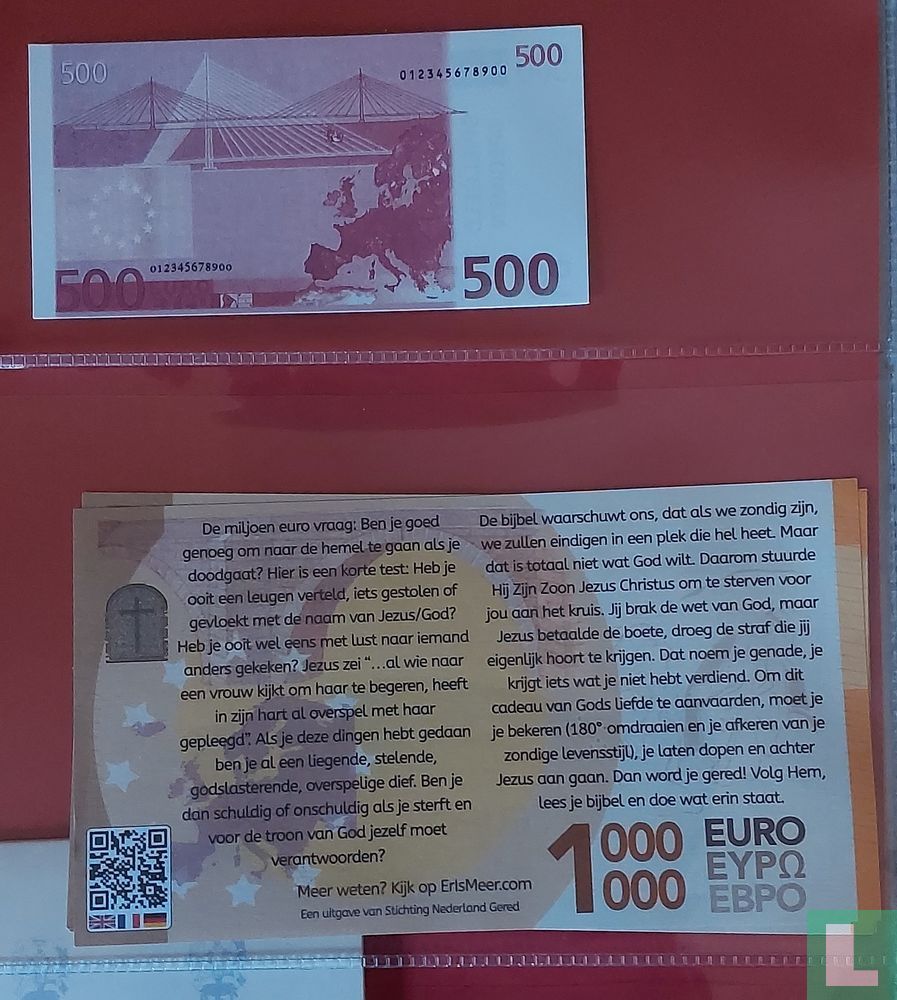 500 et 1000000 euros (spécimen d'argent fictif) - Pays-Bas, les
