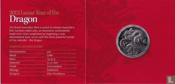 Australia 50 cents 2012 (folder) "Year of the Dragon"