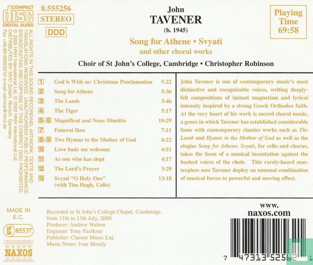 John Tavener Song For Athene Svyati And Other Choral Works CD 8 