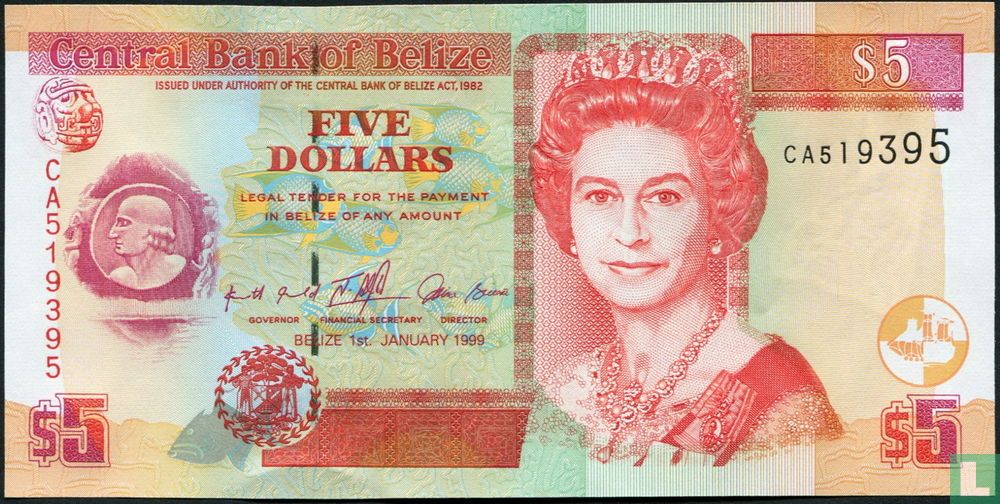 Belize, 5 dollars, 1999