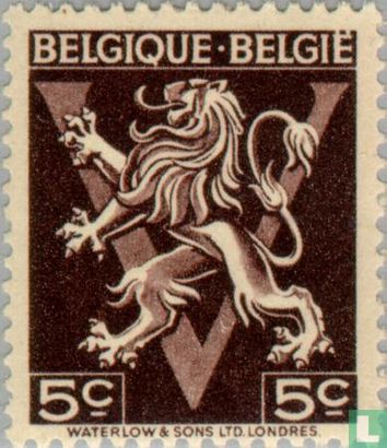 Heraldische leeuw op V, "BELGIQUE BELGIË"