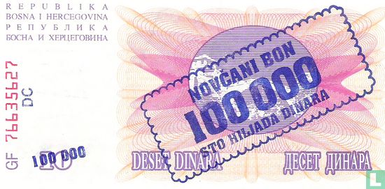 Bosnië en Herzegovina 100.000 Dinara 1993 (P34b) - Afbeelding 2
