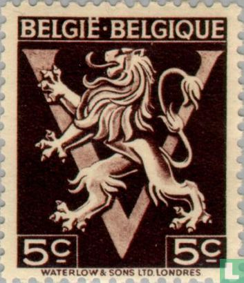 Lion héraldique sur V, "BELGIË BELGIQUE"