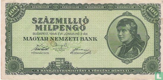 Hongarije 100 Miljoen Milpengö 1946 - Afbeelding 1