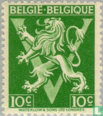 Heraldische leeuw op V, "BELGIË BELGIQUE"