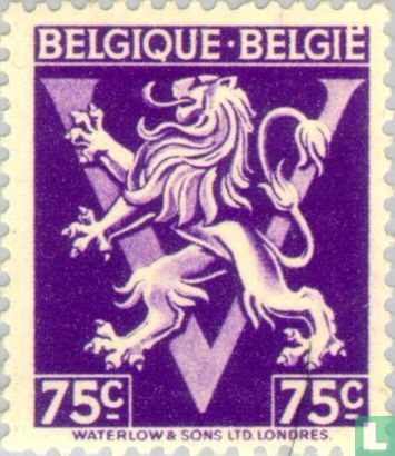 Lion héraldique sur V, "BELGIQUE BELGIË"