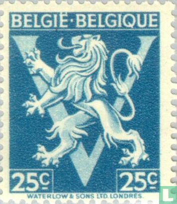 Lion héraldique sur V, "BELGIË BELGIQUE"