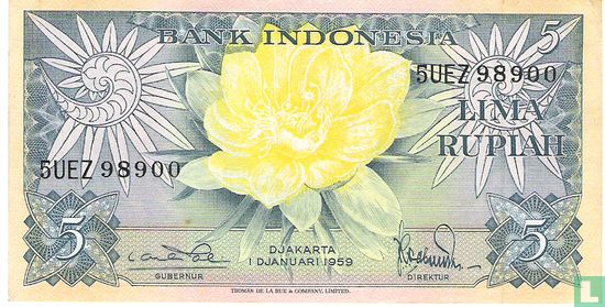 Indonésie 5 Rupiah 1959 (P65a3) - Image 1