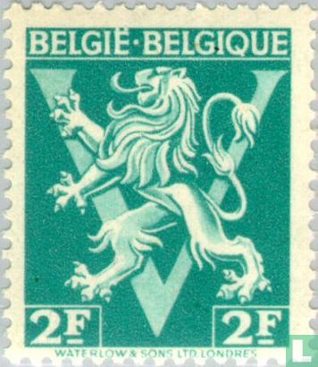 Heraldic lion upon V, "BELGIË BELGIQUE"