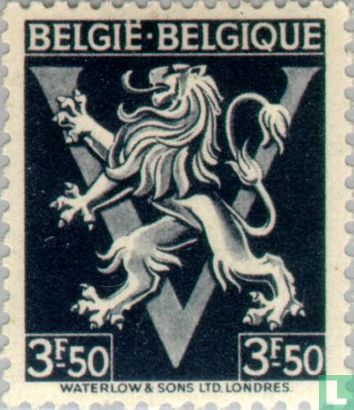 Heraldic lion upon V, "BELGIË BELGIQUE"