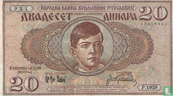 Joegoslavië 20 Dinara 1936 - Afbeelding 1