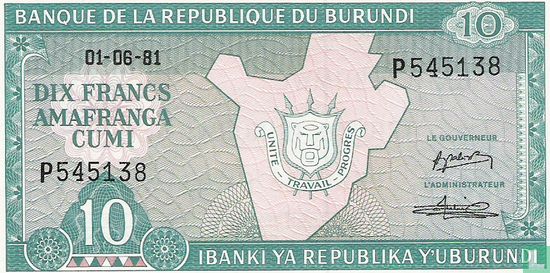 Burundi 10 Francs 1981 - Afbeelding 1