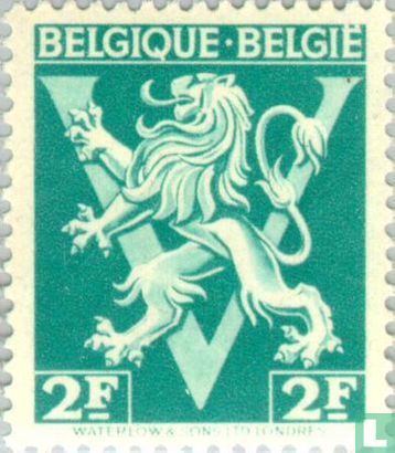 Lion héraldique sur V, "BELGIQUE BELGIË"