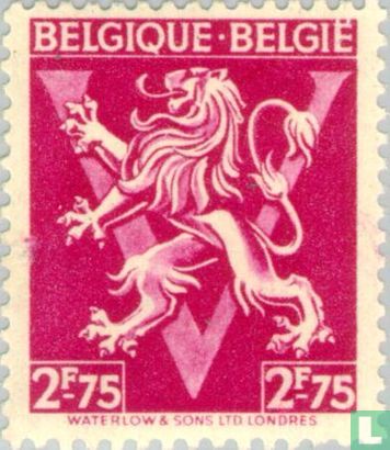 Heraldische leeuw op V, "BELGIQUE BELGIË"