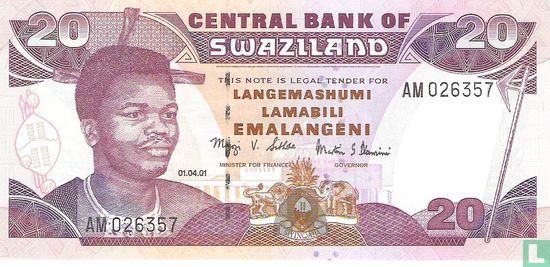 1986 UNC Swaziland 20 Emalangeni P-12 ND banknote 
