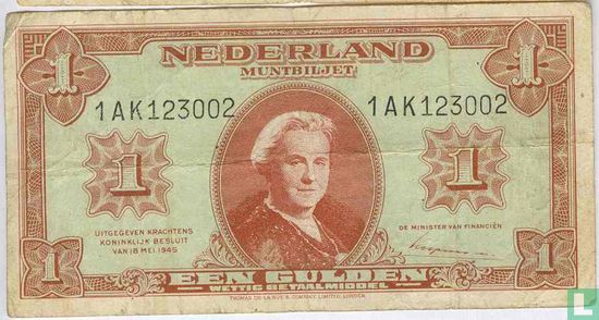 1 guilder Netherlands 1945 (1 digit 2 letters 6 digits) - Image 1