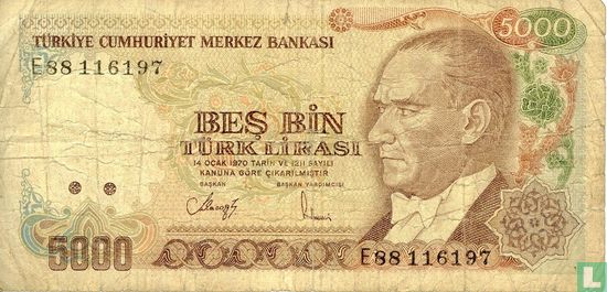 Turkije 5.000 Lira ND (1988/L1970) P197a2 - Afbeelding 1