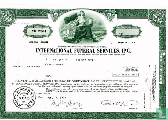 International Funeral Services, Inc., Certificate for less than 100 shares, Common stock
