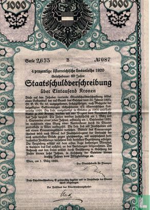 Staatsschuldverschreibung, ueber 1.000 Kronen, 4% Oesterreichische Losanleihe 1920