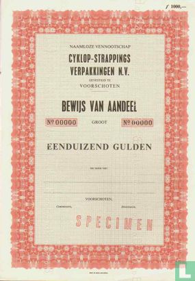 Cyklop-Strappings Verpakkingen N.V., Bewijs van aandeel, 1.000,= Gulden, Specimen blankette