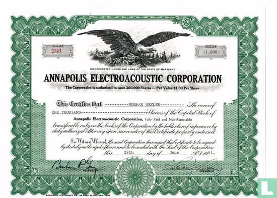 Annapolis Electroacoustic Corporation, Odd share certificate, Capital stock