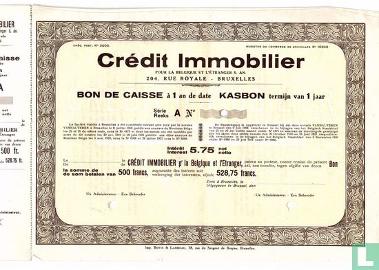 Credit Immobilier, Bon de Ciasse (Kasbon) 500 Francs, 5,75% netto interest, blankette