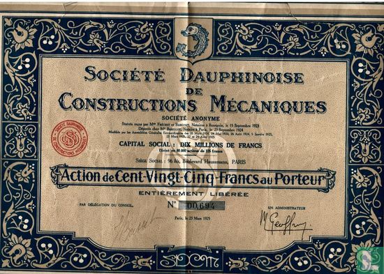 Societe Dauphinoise de Constructions Mecaniques, Action de 25 francs au porteur