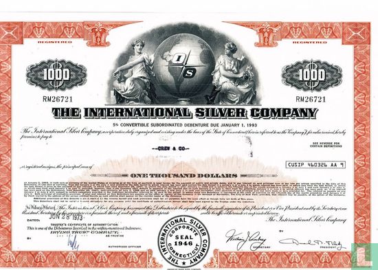 The International Silver Company, 5% Convertible subordinated debenture bond certificate, $ 1.000,=