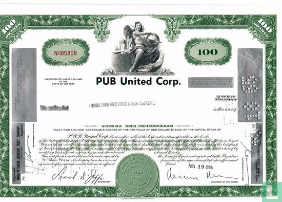 PUB United Corp., Certificate for 100 shares, Capital stock