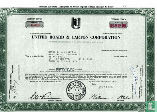 United Board & Carton Corporation, Odd share certificate, Common stock, Temporary certificate