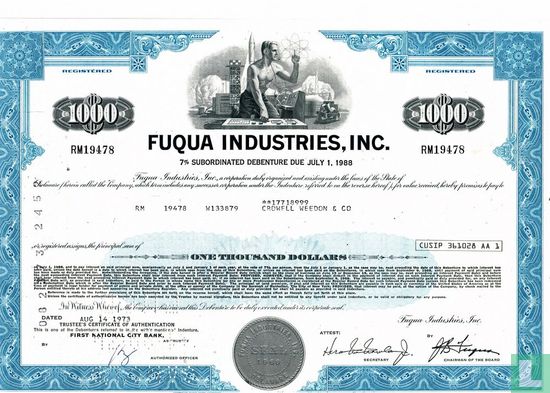 Fuqua Industries, Inc., 7% Subordinated Debenture bond certificate, $ 1.000,=