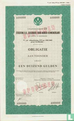 Stichting R.K. Ziekenhuis voor Midden-Kennemerland, Obligatie aan toonder, 1.000,= Gulden, 9 1/4 %, 1979 per 1985/2009, Specimen