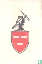 Zwart, roodwit Rood wapenschild met drie witte horizontale streepjes, zwarte hand met houweel