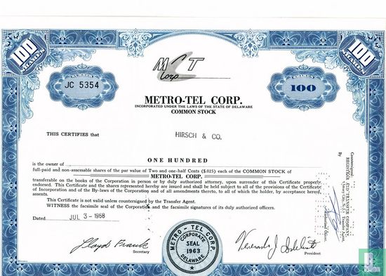 Metro-Tel Corp., Certificate for 100 shares, Common stock