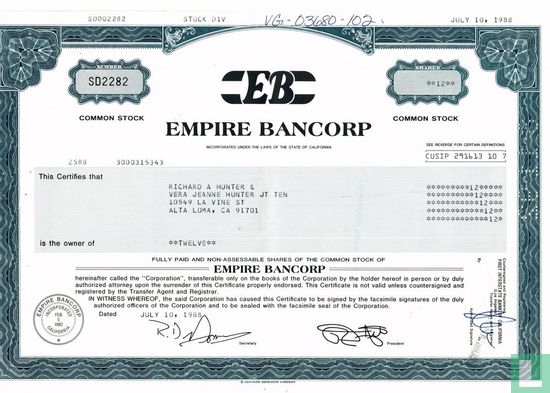 Empire Bancorp, Odd share certificate, Common stock