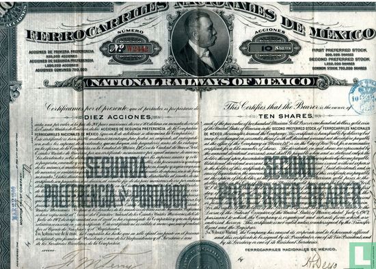 National Railways of Mexico, Certificate for 10 shares, Second preferred stock