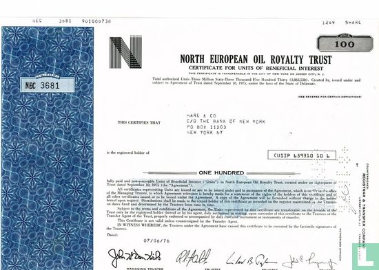 North European Oil Royalty Trust, Certificate for 100 units of beneficial interest
