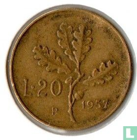 Italien 20 Lire 1957 (serifed 7) - Bild 1